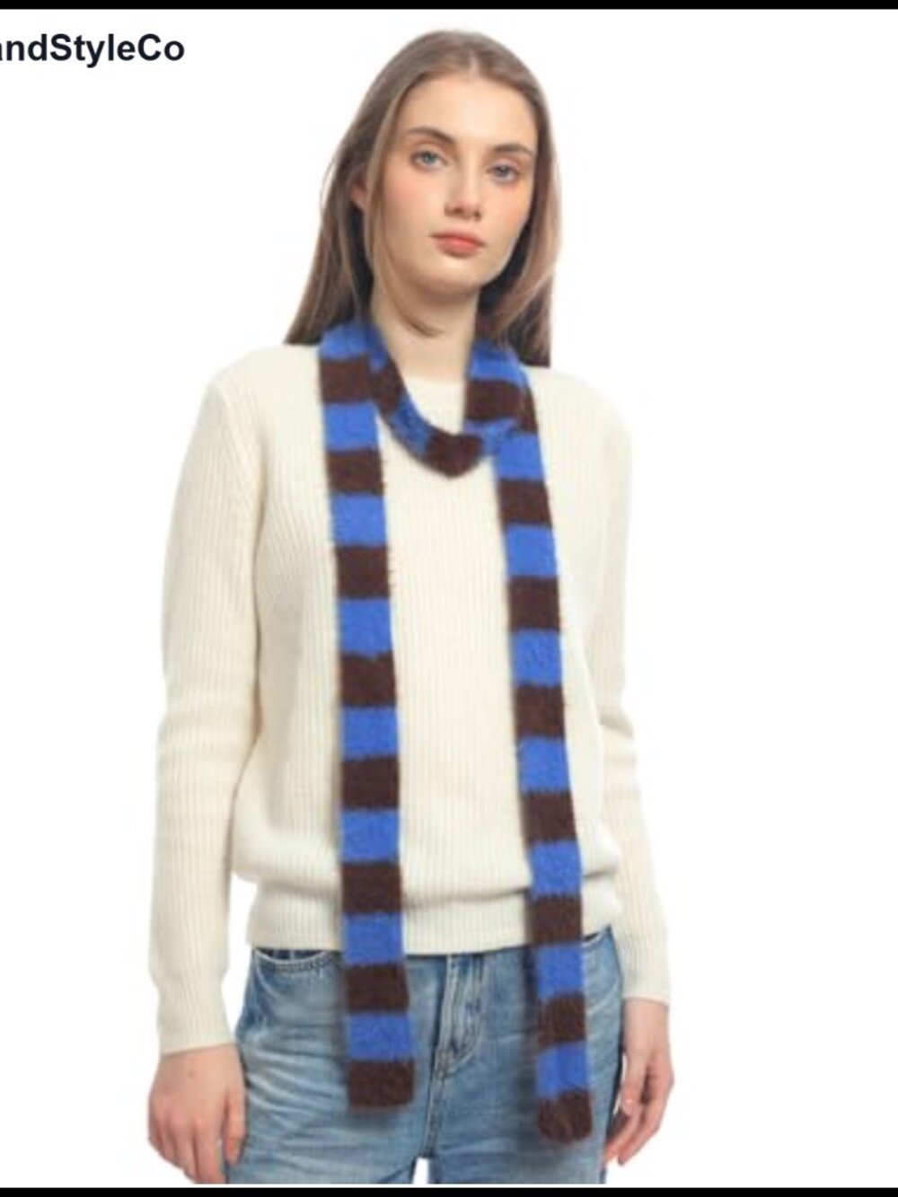 Skinny Knit Striped Scarf Lightweight Nylon Neck Scarf for Women Spring Fall